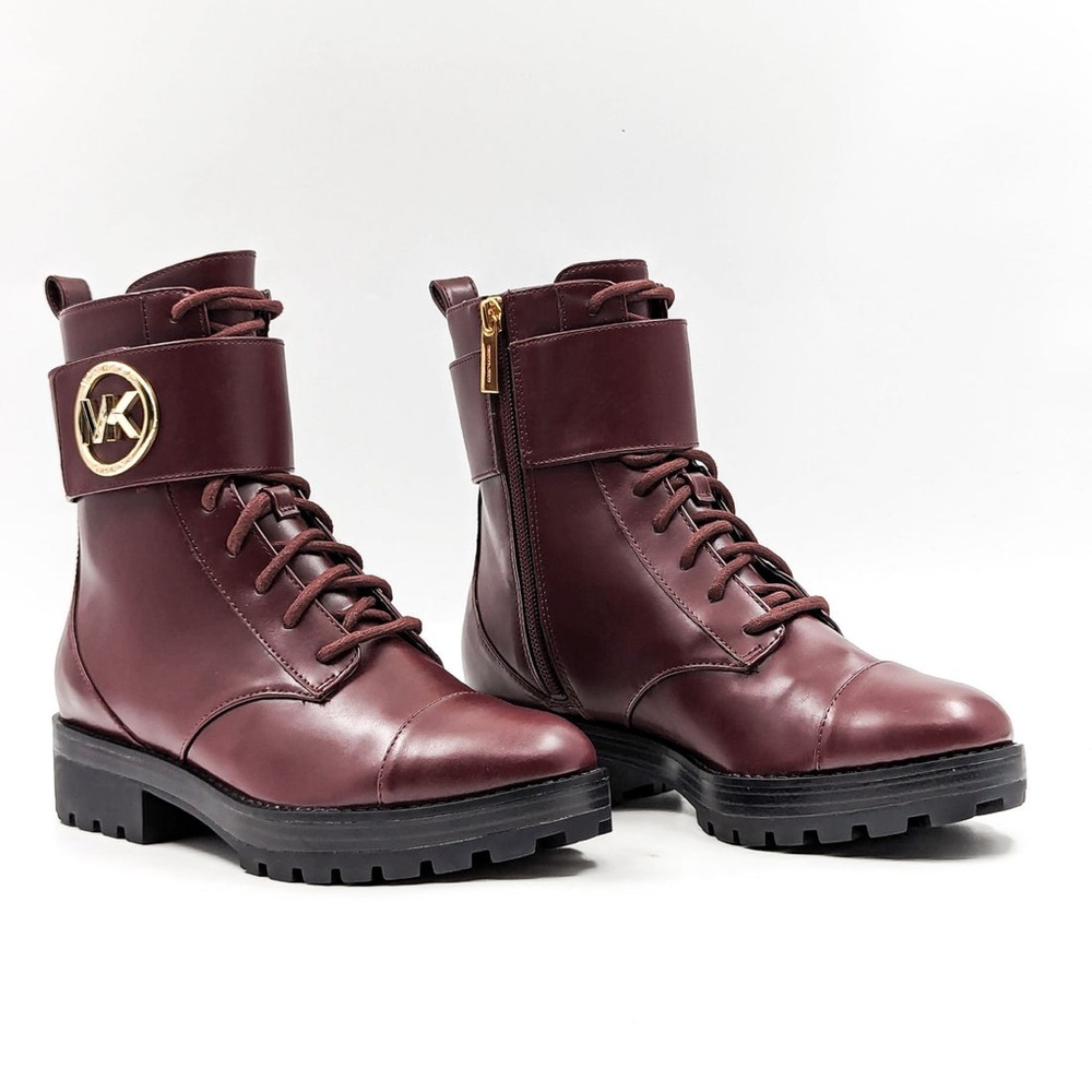 NWOT MICHAEL KORS TATUM VEGAN Burgundy LEATHER MK LOGO COMBAT BOOTS Size 8